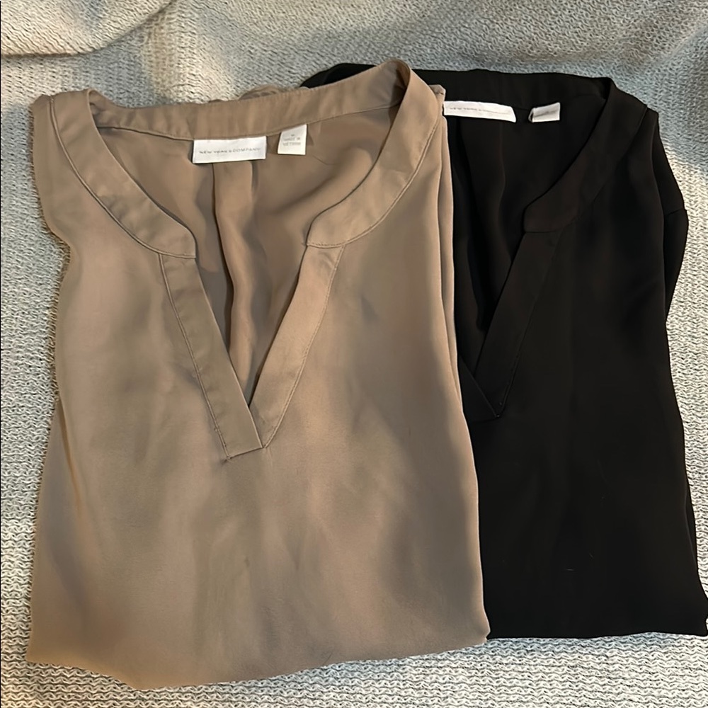 New York & Company Tan & Black V-Neck Blouses
